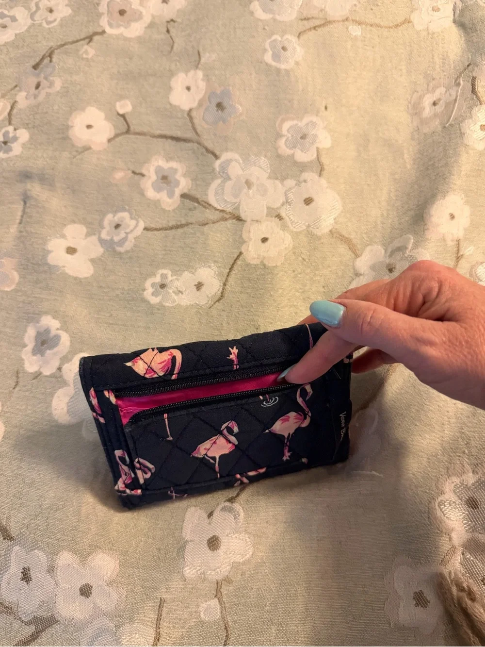 Vera Bradley Navy Quilted Wallet with Pink Flamingo Pattern